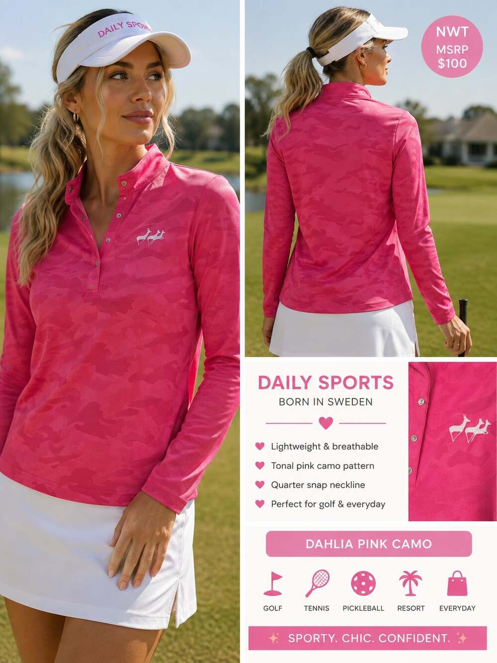 NWT Daily Sports Sweden Pink Camo Quarter Snap Golf Pullover Top M $100 MSRP